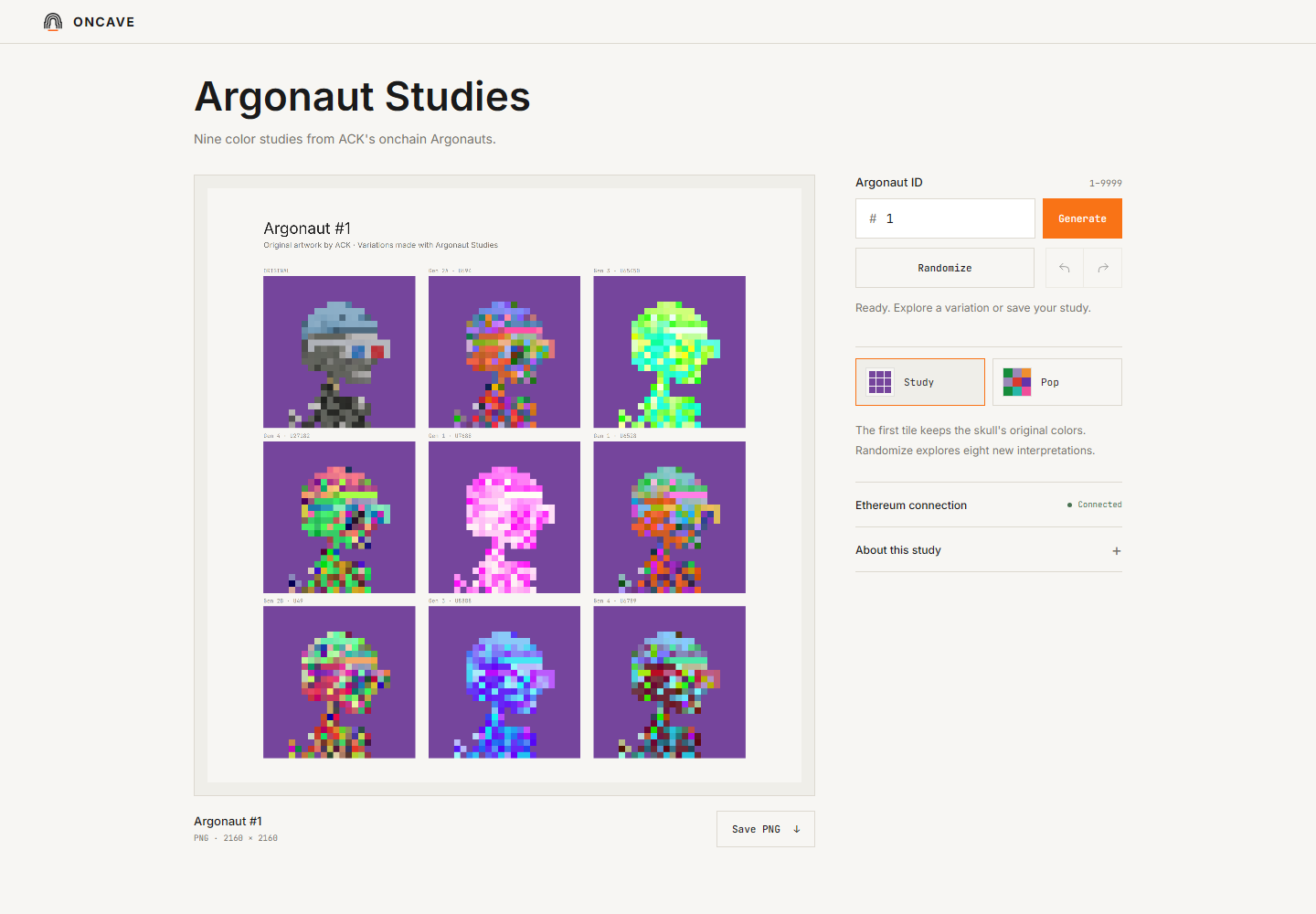 Argonaut Studies — a pale page headed Argonaut Studies, showing a sheet of nine versions of Argonaut #1 in different colour schemes on a purple ground, with a token field, Generate and Randomize buttons, and Study and Pop layouts.