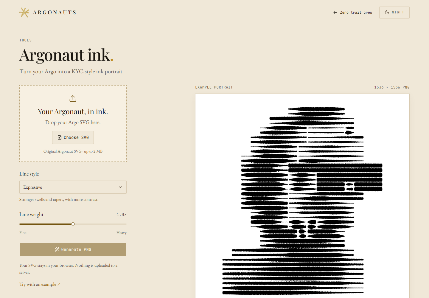Argonaut ink — a pale page headed Argonaut ink, with a drop panel for an Argonaut SVG, line style and line weight controls, and an example portrait drawn entirely in black hatched strokes.